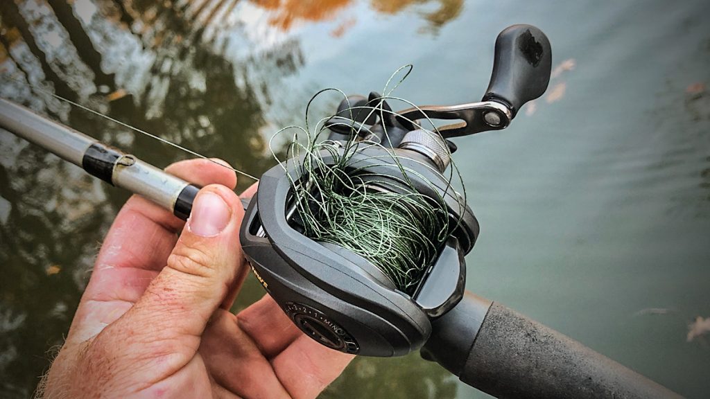 tangled fishing line on a fishing reel