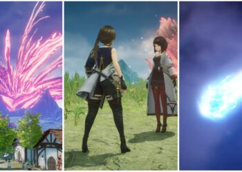 A collage showing off the town of Lethe, the player talking with the doctor, and a falling meteor in Harvestella.